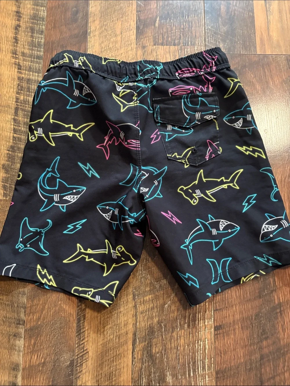Boys size 5/6 Hurley Black Swim Shorts with Neon Shark Print